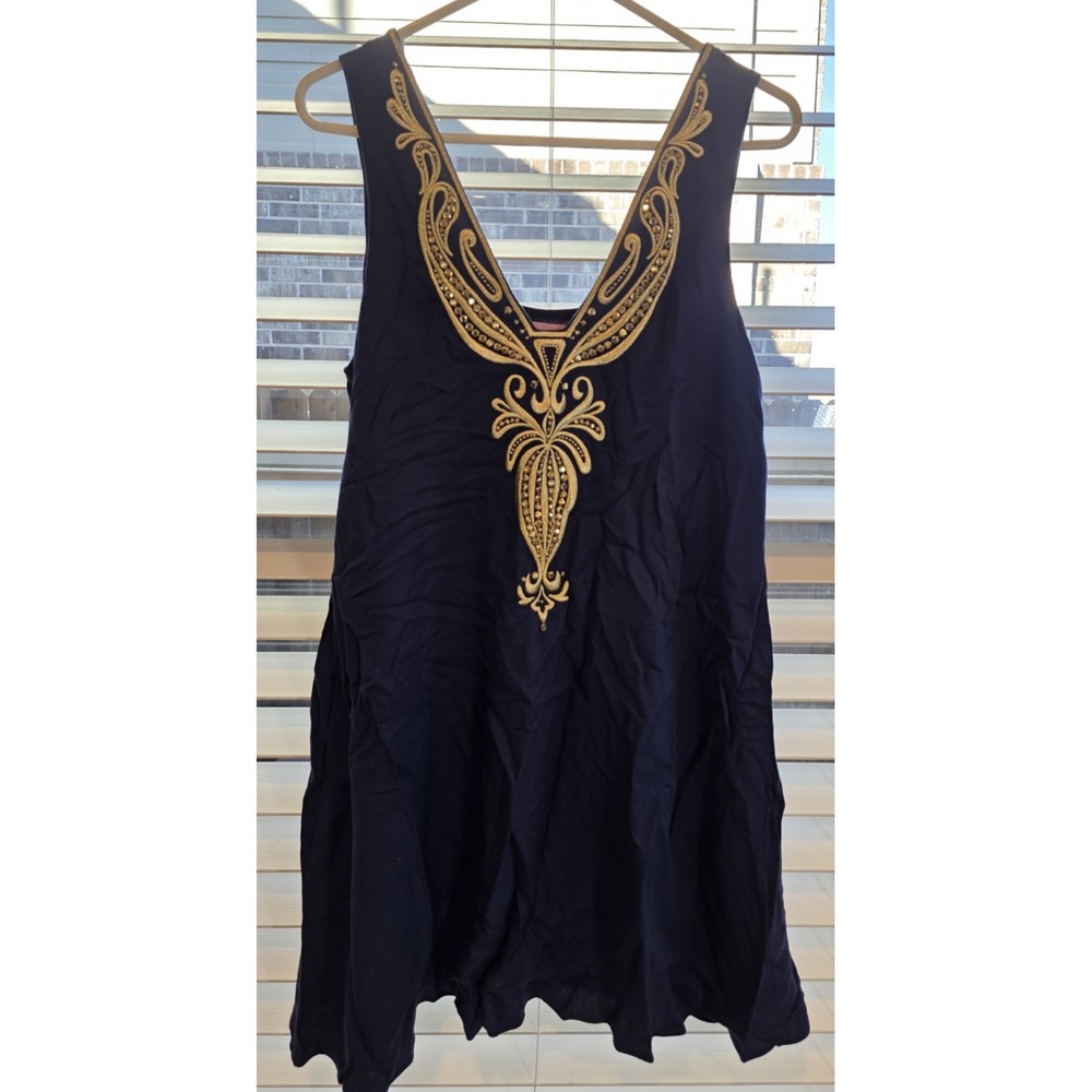 Lily Pulitzer Dress Owen Trapeze Shift Navy Blue‎ Gold Tank sz Small Embellished